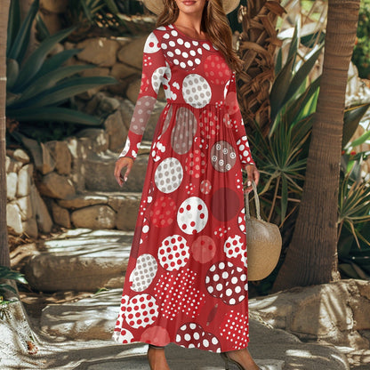 Women's Long Sleeve Maxi Dress with Pockets – Festive Polka Dot Pattern in Red