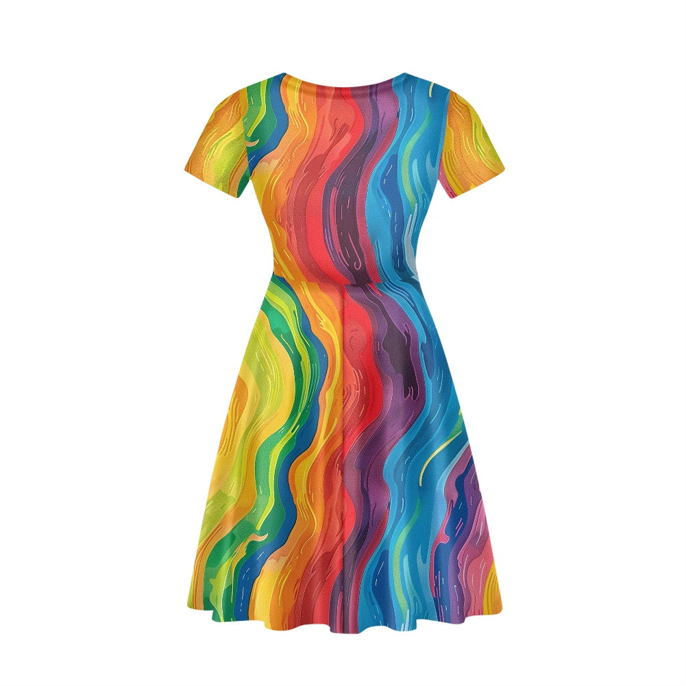 Rainbow Women V-Neck Short Sleeve Ruffle Dress