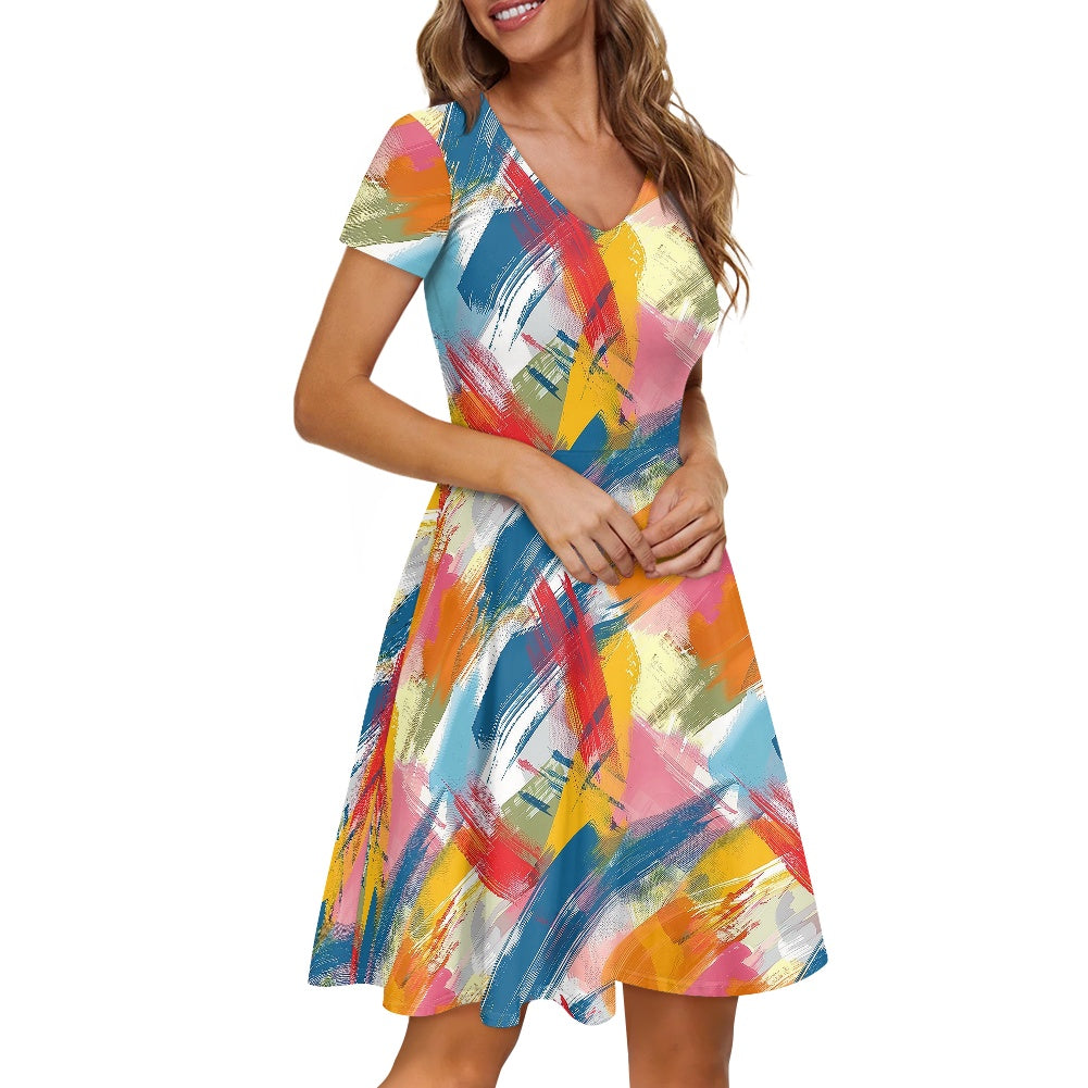 Women V-Neck Short Sleeve Ruffle Dress