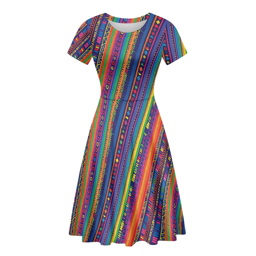 Luxtrini Womens Scoop Neck Short Sleeve Ruffle Dress with Ethnic Patterns and Rainbow Accents - Custom Handmade, Versatile and Stylish