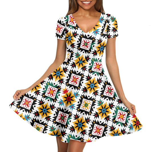 Luxtrini Navajo-Inspired V-Neck Ruffle Dress | Cultural Motif, Elegant Office and Casual Wear | Timeless Luxury Fashion