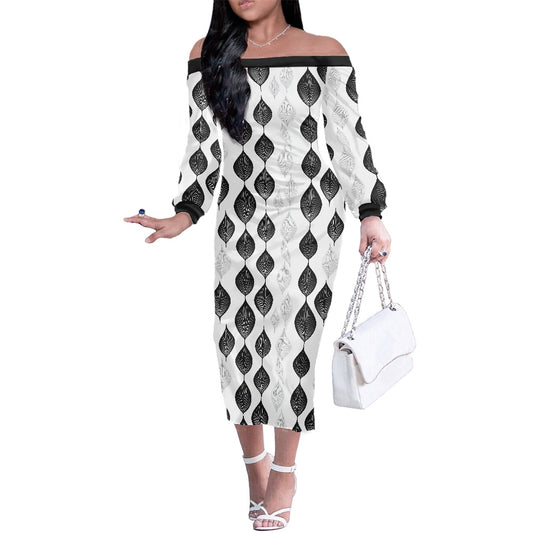 Black &amp; White Leaf Print Off-Shoulder Midi Dress – Elegant Long Sleeve Bodycon Dress for Parties, Travel & Everyday Glam white