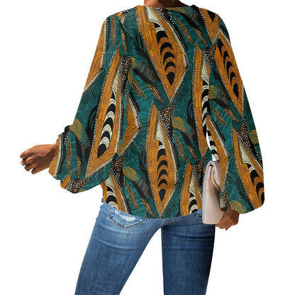 African Ethnic pattern V-Neck Chiffon Puff Sleeve Blouse by Luxtrini