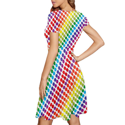 Rainbow Polka Dot Women Scoop Neck Short Sleeve Ruffle Dress