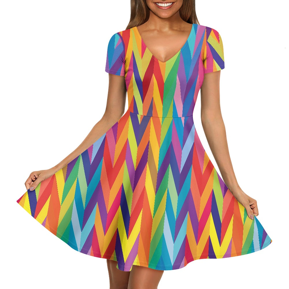 Rainbow Chevrons Women V-Neck Short Sleeve Ruffle Dress