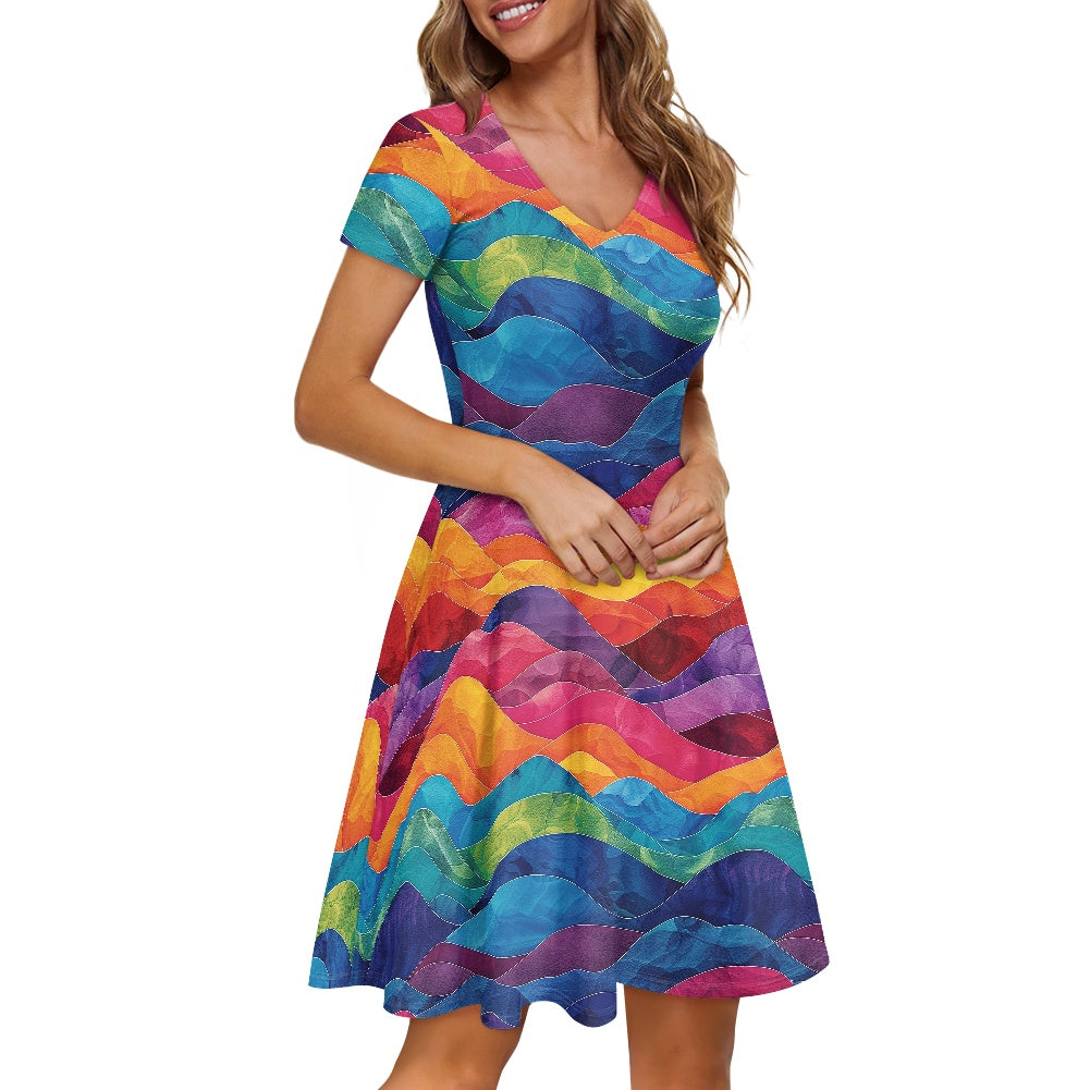 Women V-Neck Short Sleeve Ruffle Dress