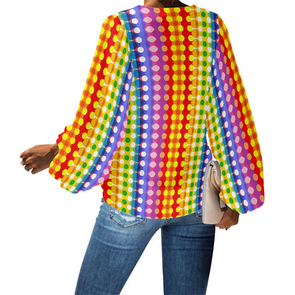 Polka Dot Rainbow Stripes V-Neck Chiffon Puff Sleeve Blouse by Luxtrini