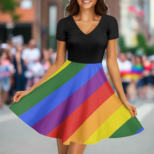 Custom LGBT Pride Black V-Neck Ruffle Dress for Women - Elegant Apparel & Fashion