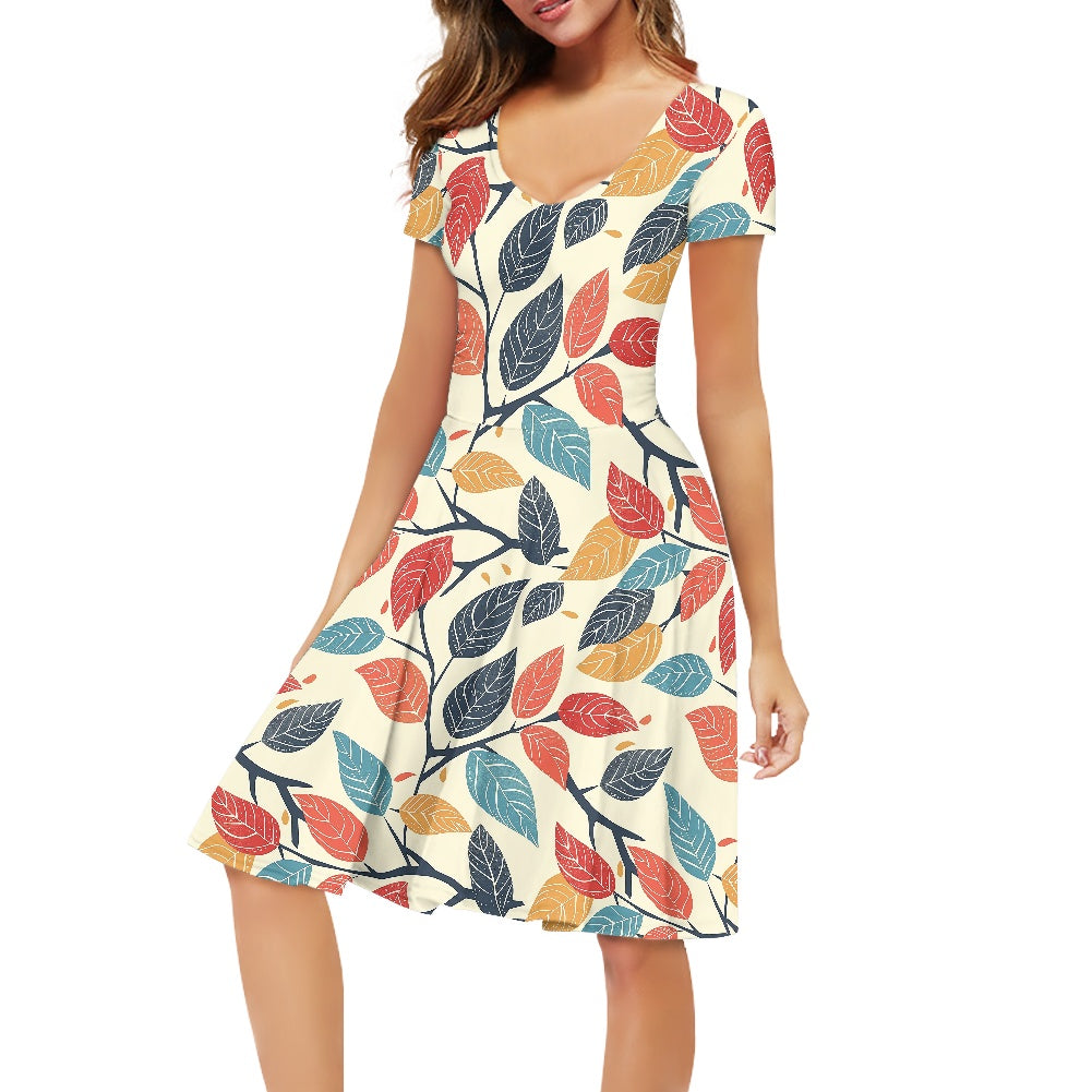 Colored Leaves Women V-Neck Short Sleeve Ruffle Dress