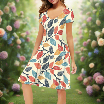 Colored Leaves Women V-Neck Short Sleeve Ruffle Dress