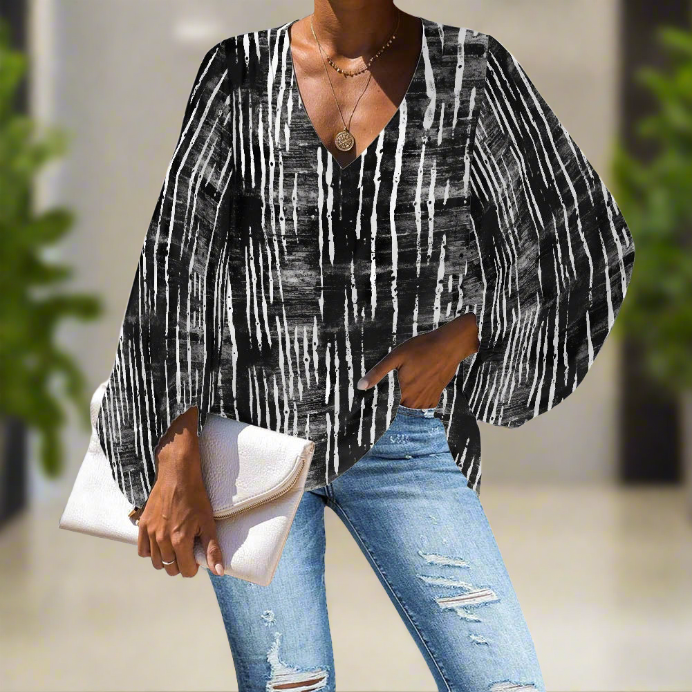 Black and White Mudcloth V-Neck Chiffon Puff Sleeve Blouse by Luxtrini