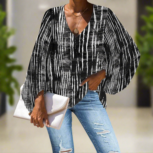 Black and White Mudcloth V-Neck Chiffon Puff Sleeve Blouse by Luxtrini