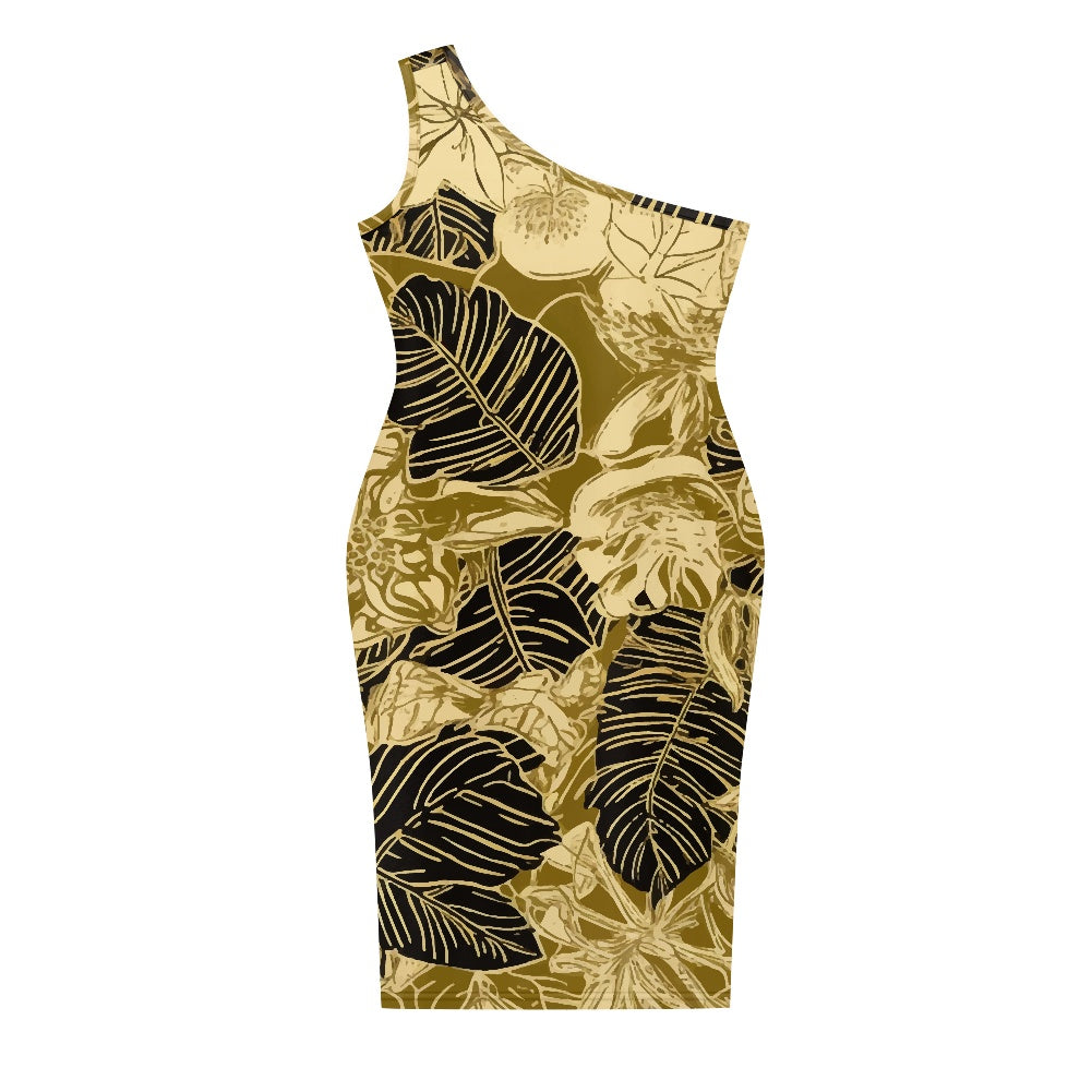 Discover Elegance: Luxtrini's One-Shoulder Slim Dress - Tropical Gold white