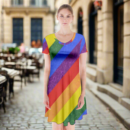 LGBTQ Short Sleeve V-neck Flare Dress - Rainbow Pride