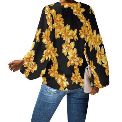 Golden Floral on Black V-Neck Chiffon Puff Sleeve Blouse by Luxtrini