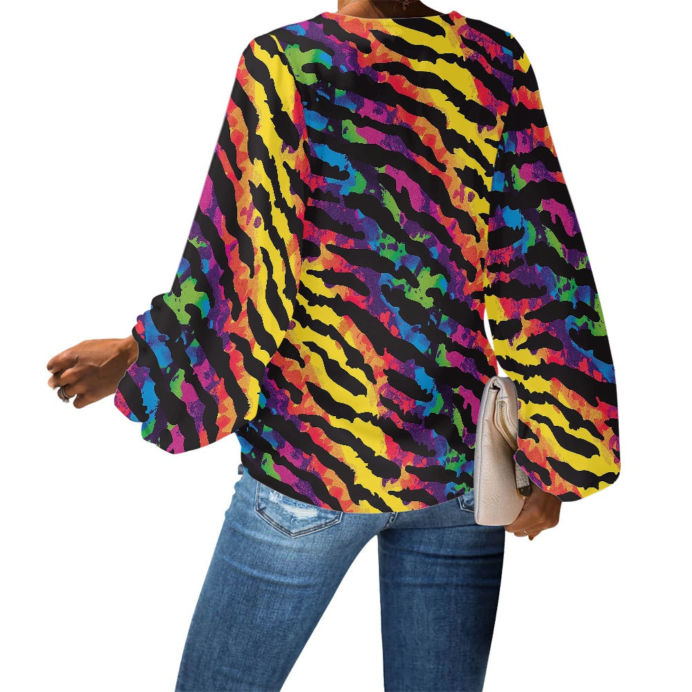 V-Neck Chiffon Puff Sleeve Blouse by Luxtrini