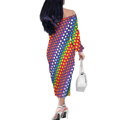 LGBTQ-Friendly Rainbow Polka Dot Women's Off The Shoulder Long Sleeve Midi Dress by Luxtrini