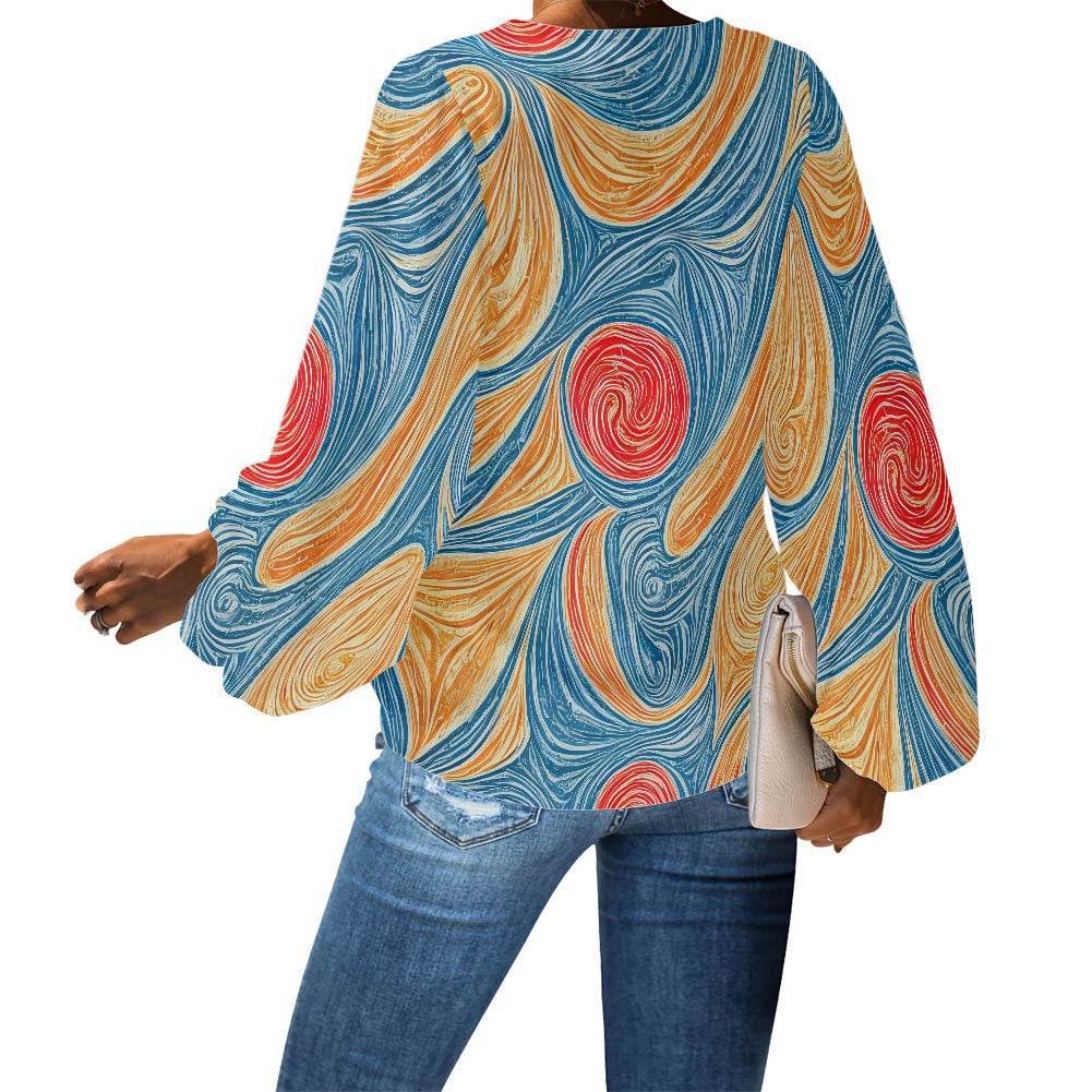 Abstract V-Neck Chiffon Puff Sleeve Blouse by Luxtrini