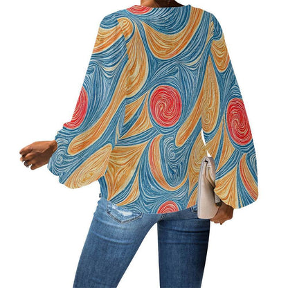 Abstract V-Neck Chiffon Puff Sleeve Blouse by Luxtrini