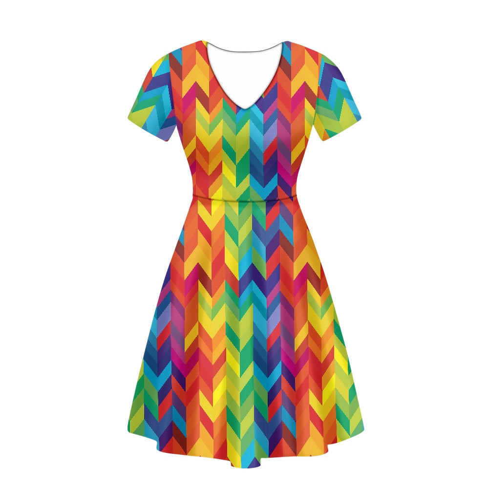 Rainbow Chevron Women V-Neck Short Sleeve Ruffle Dress white