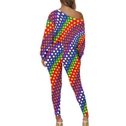 LGBTQ-Friendly Rainbow Polka Dot Trendy Two-Piece Set: Cropped Off-Shoulder Jacket and High-Waisted Leggings by Luxtrini