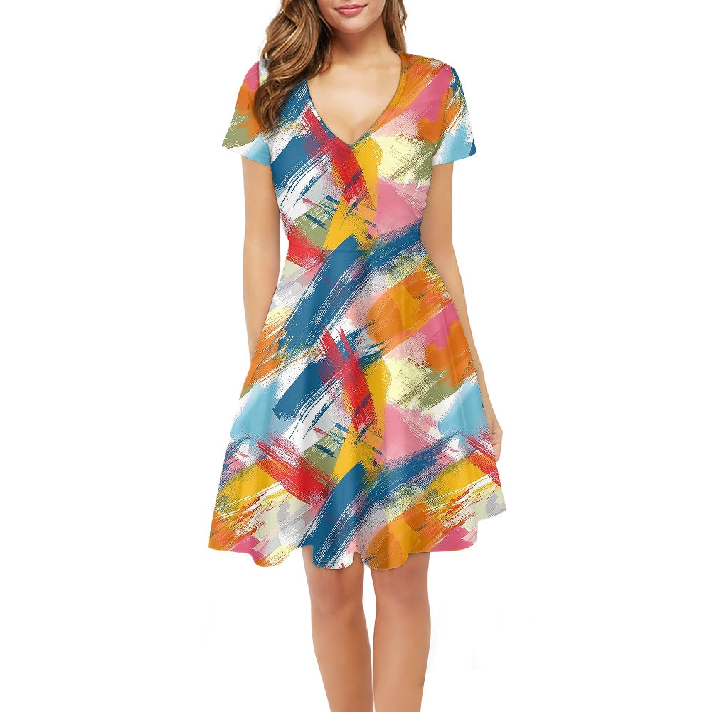 Women V-Neck Short Sleeve Ruffle Dress