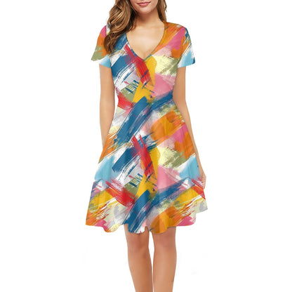 Women V-Neck Short Sleeve Ruffle Dress