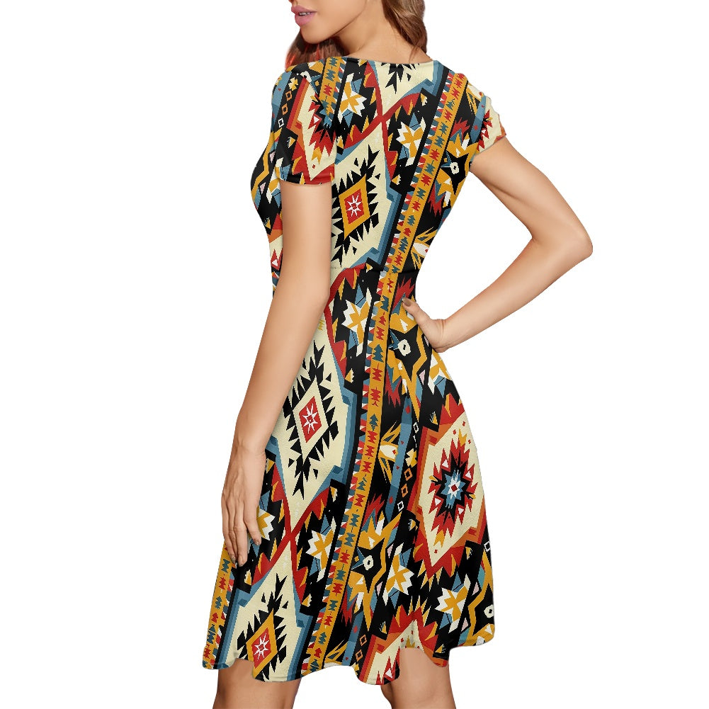 Women Scoop Neck Short Sleeve Ruffle Dress