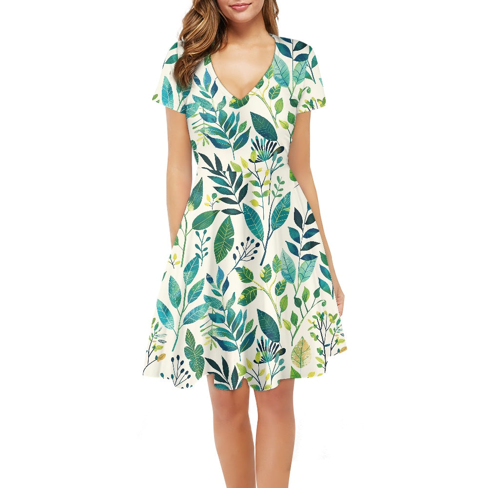 Women V-Neck Short Sleeve Ruffle Dress