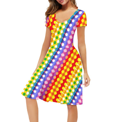 Rainbow Polka Dot Women V-Neck Short Sleeve Ruffle Dress