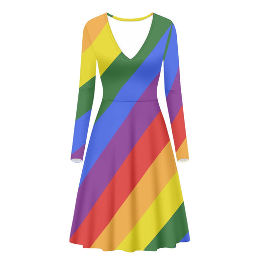 Rainbow V-Neck Long Sleeve Ruffle Dress white