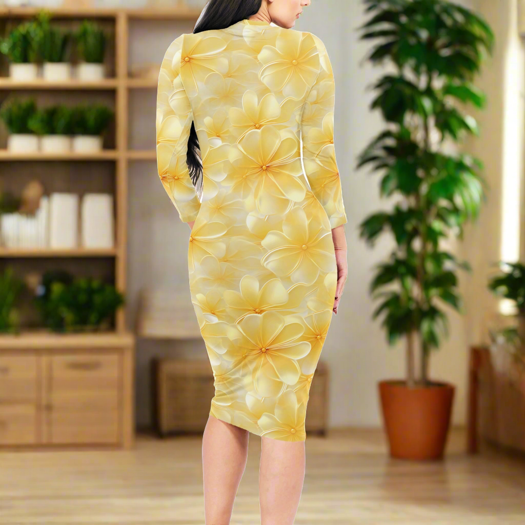 Yellow Plumeria Women Bodycon Midi Sheath Dress