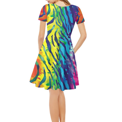 Rainbow Animal Print Women V-Neck Short Sleeve Ruffle Dress
