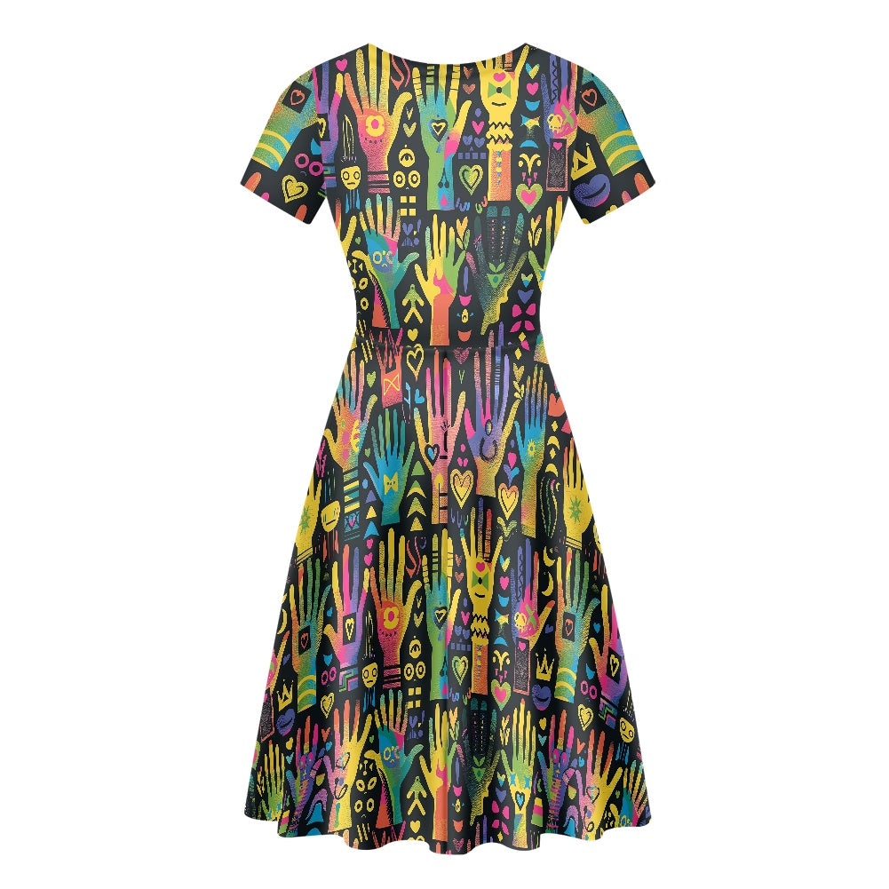 Women Scoop Neck Short Sleeve Ruffle Dress