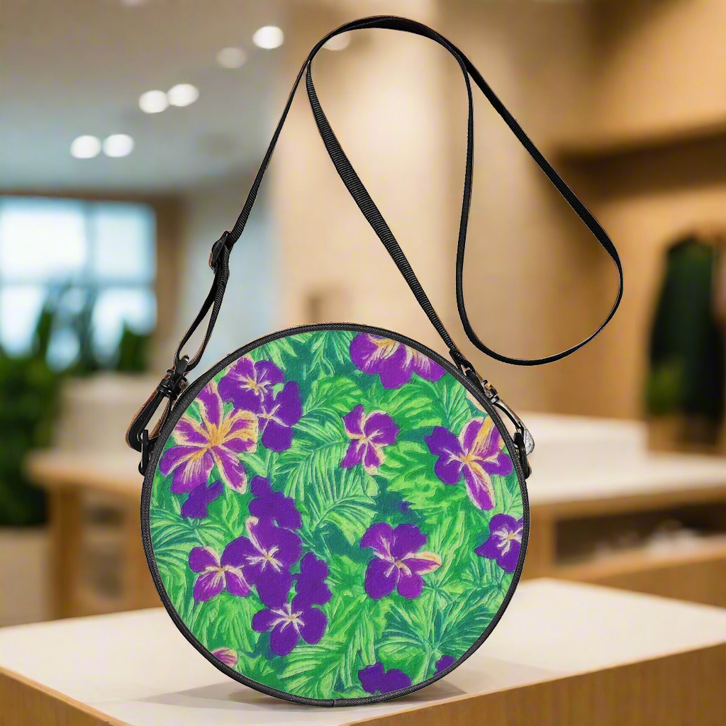 Round Satchel Bags - Blue Flag Iris on Green