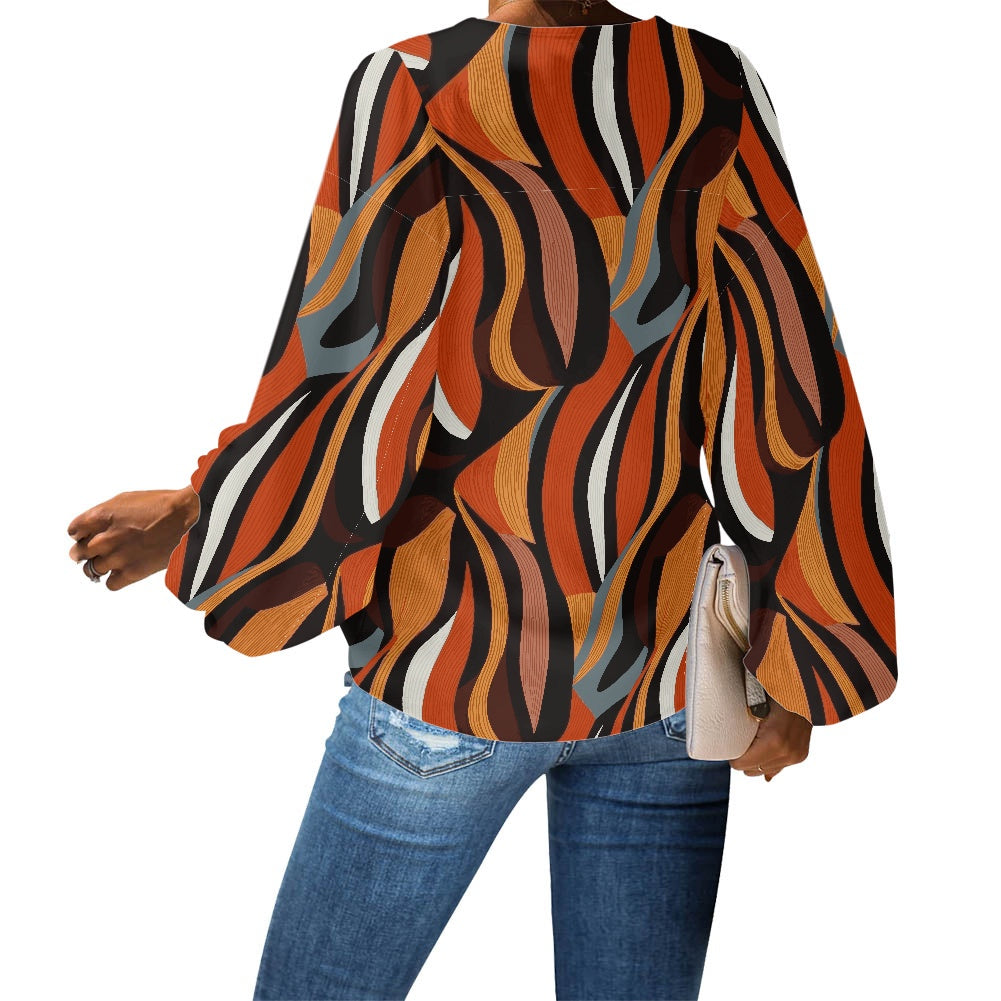 African Ethnic V-Neck Chiffon Puff Sleeve Blouse by Luxtrini
