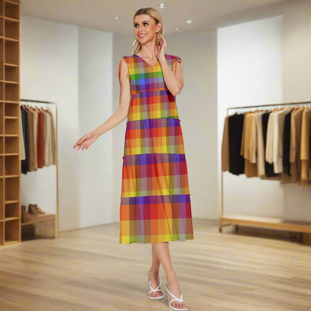 Rainbow Plaid V-Neck Drawstring Shoulder Sleeveless Maxi Dress