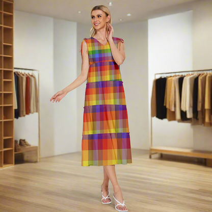 Rainbow Plaid V-Neck Drawstring Shoulder Sleeveless Maxi Dress