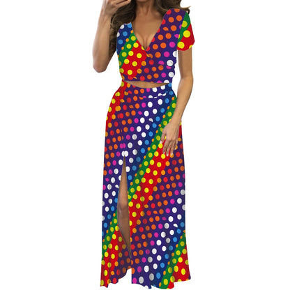 LGBTQ-Friendly Rainbow Polka Dot Stylish Two-Piece Set: Short Sleeve V-Neck Crop Top and Flowing High-Waist Maxi Skirt by Luxtrini white