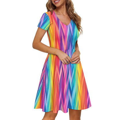 Rainbow Chevrons Women V-Neck Short Sleeve Ruffle Dress