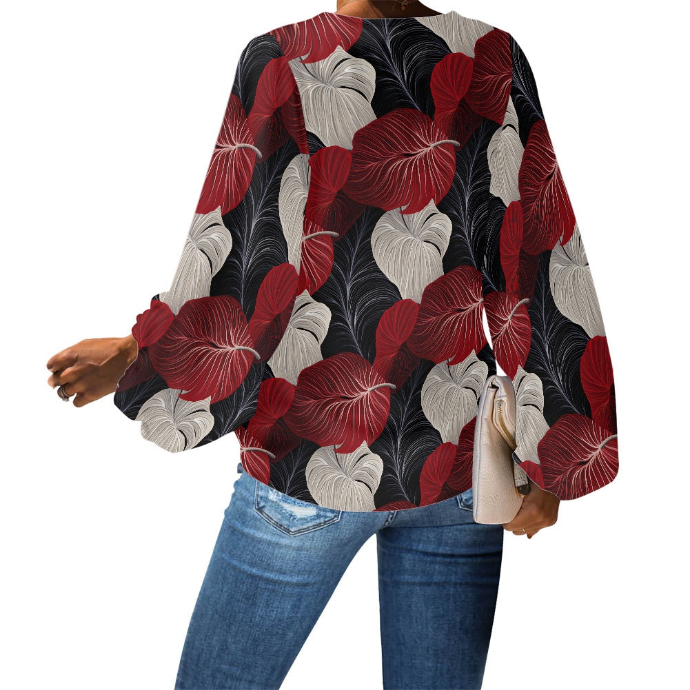 V-Neck Puff Sleeve Chiffon Blouse