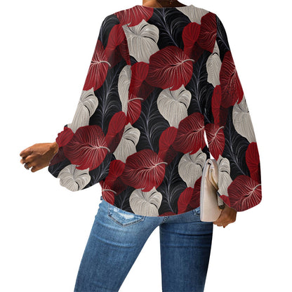 V-Neck Puff Sleeve Chiffon Blouse