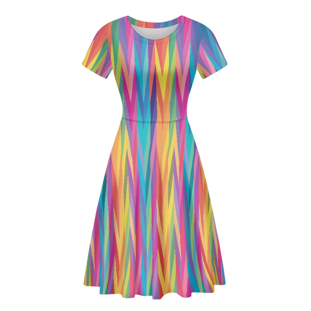 Rainbow Chevron Women Scoop Neck Short Sleeve Ruffle Dress white