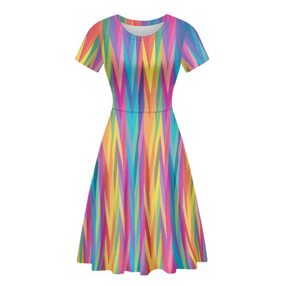 Rainbow Chevron Women Scoop Neck Short Sleeve Ruffle Dress white