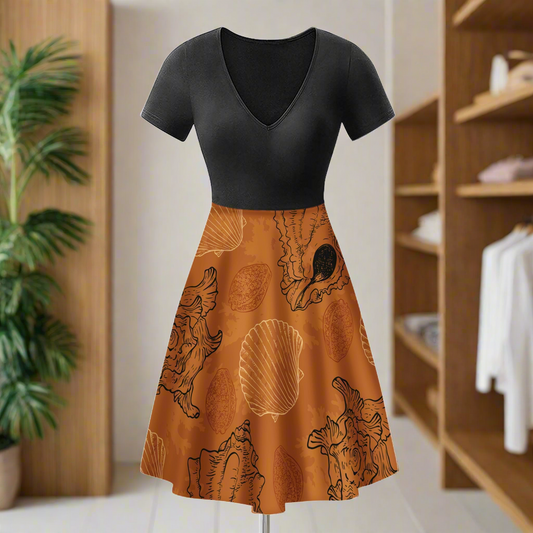 Sea Shell Ocean Design in Orange Black V-Neck Women Ruffle Bottom Dress