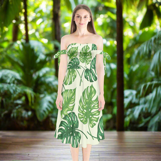 Shoulder Tie Bardot Midi Dress Tropical Palms by Luxtrini