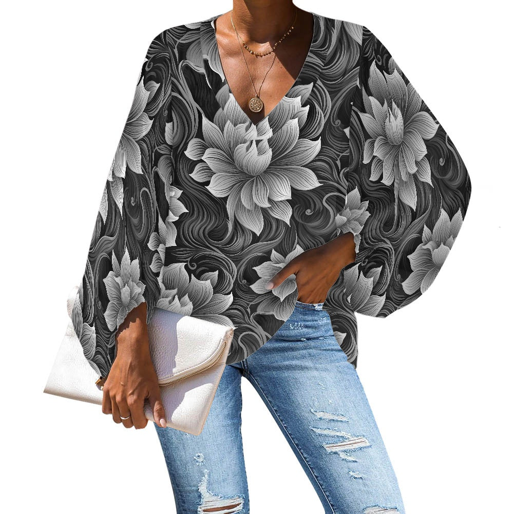 V-Neck Puff Sleeve Chiffon Blouse white