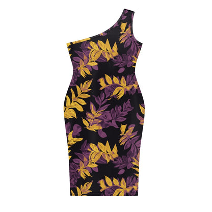 Discover Elegance: Luxtrini's One-Shoulder Slim Dress - Gold & Purple Tropical