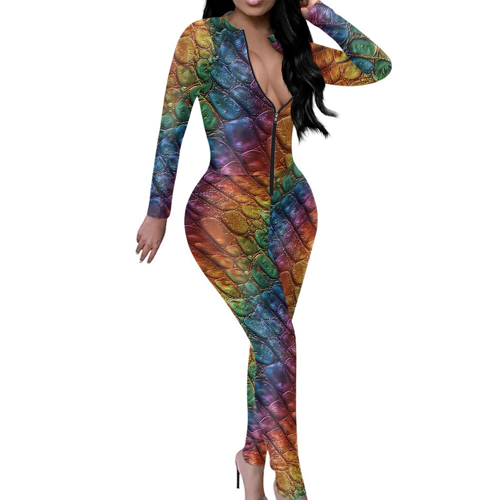 Unique Alligator Skin pattern Rainbow Pride Women's Plunging Neck Jumpsuit