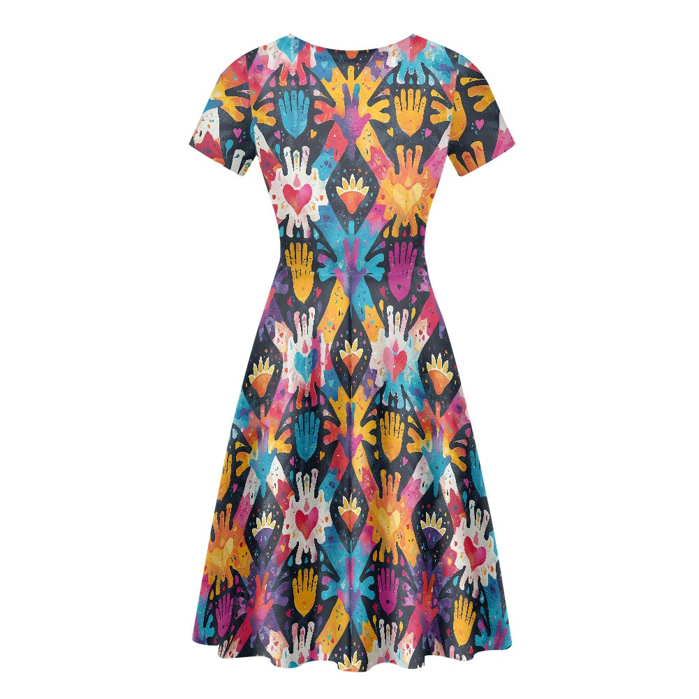 Women Scoop Neck Short Sleeve Ruffle Dress
